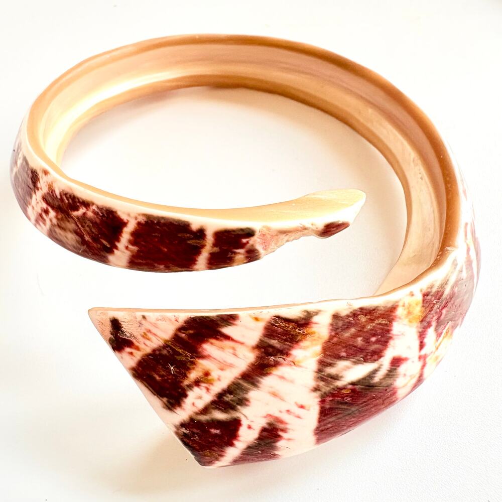 Vintage Carved Shell Cuff Bracelet • 1970s Boho Jewelry •Tropical Artisan Bangle